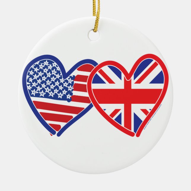 American Flag Union Jack Flag Hearts Ceramic Ornament (Front)