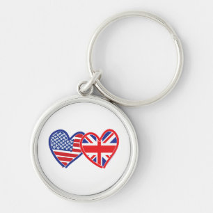 American Flag/Union Jack Flag Hearts Keychain