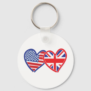 American Flag/Union Jack Flag Hearts Keychain