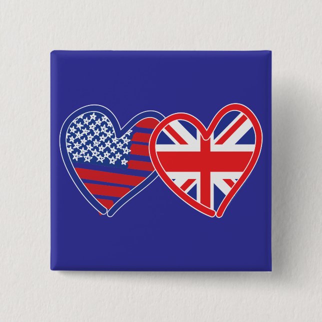 American Flag/Union Jack Flag Hearts Pinback Button (Front)