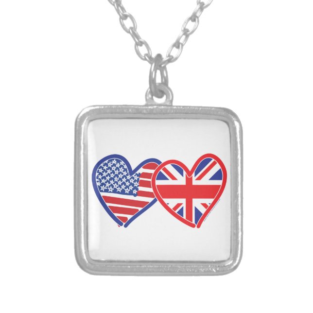 American Flag Union Jack Flag Hearts Silver Plated Necklace (Front)