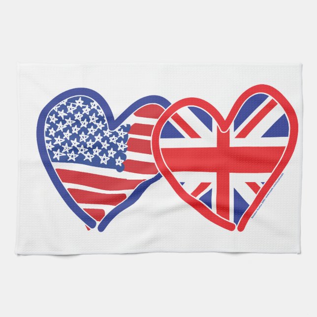 American Flag Union Jack Flag Hearts Towel (Horizontal)