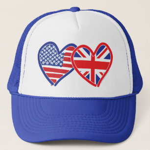 American Flag/Union Jack Flag Hearts Trucker Hat