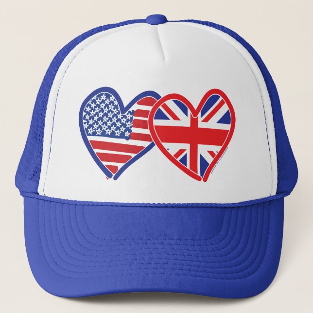 American Flag/Union Jack Flag Hearts Trucker Hat (Front)