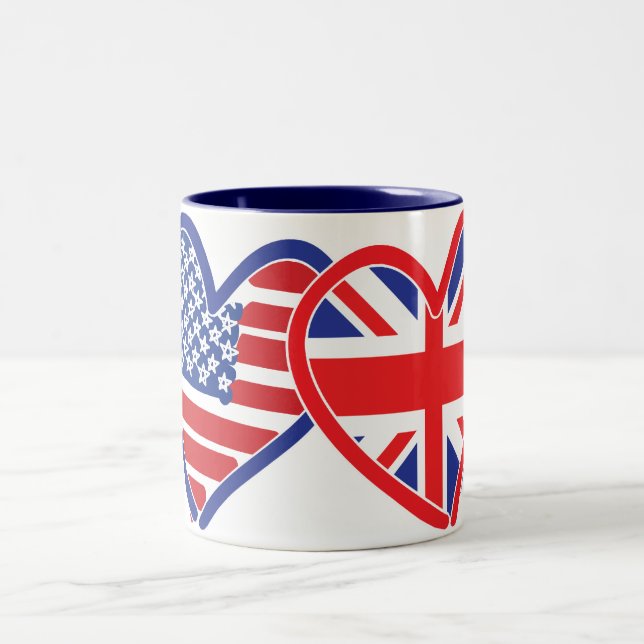 American Flag/Union Jack Flag Hearts Two-Tone Coffee Mug (Center)