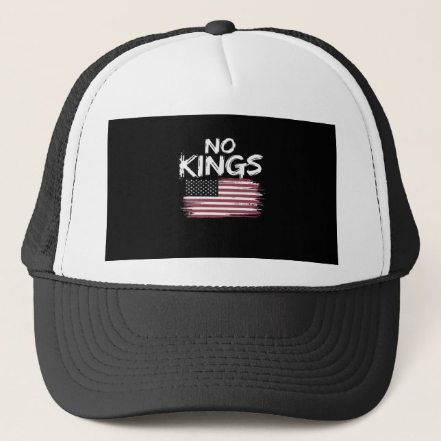 American Flag Upside Down Distress No Kings Long F Trucker Hat (Front)