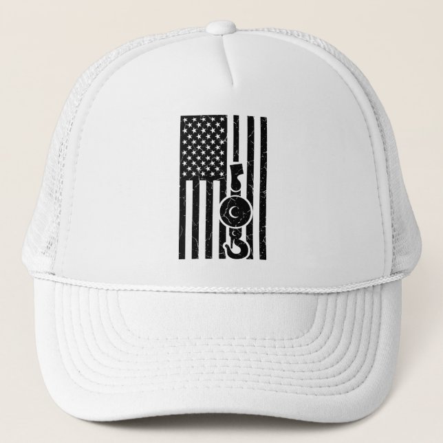AMERICAN FLAG US FLAG Crane Operator Towing Truck Trucker Hat (Front)