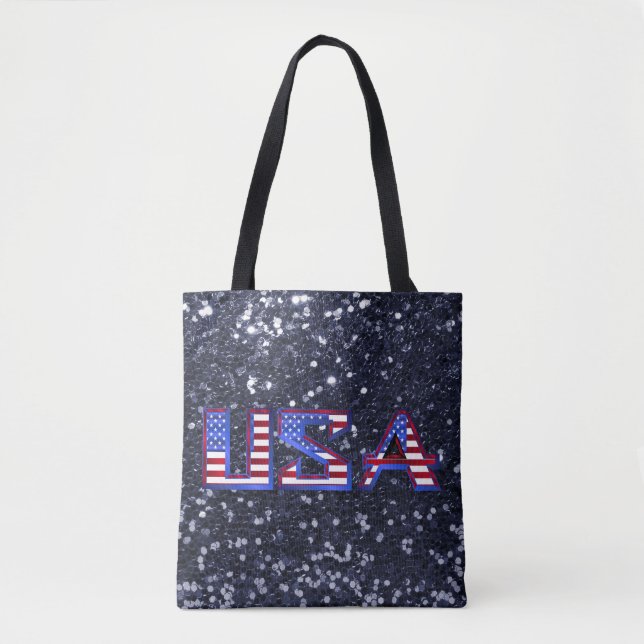 American Flag USA Blue Faux Glitter Tote Bag (Front)