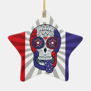 American Flag USA Colors Patriotic Sugar Skull Ceramic Ornament