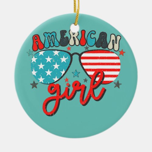 American Flag USA Girl 4th Of July Patriotic Ceramic Ornament