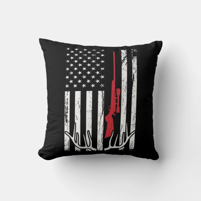 American Flag USA Hunter Hunt Fun Hunting Apparel  Throw Pillow (Front)