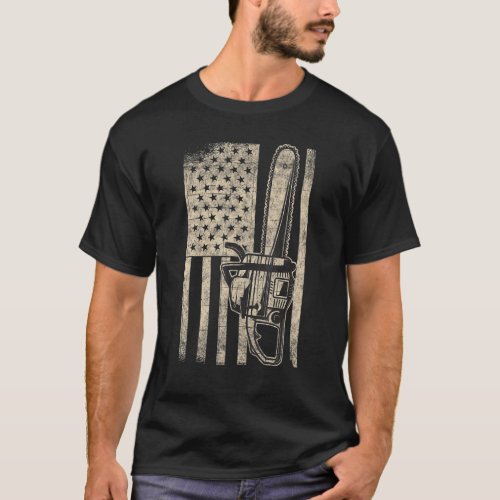 American Flag Usa Patriotic Chainsaw Logger Lumber T_Shirt