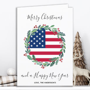 American Flag USA Patriotic Christmas Wreath Holiday Card