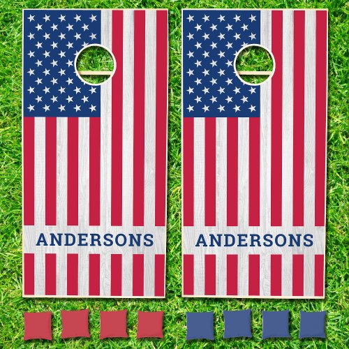 American Flag USA Patriotic Custom Family Name  Cornhole Set