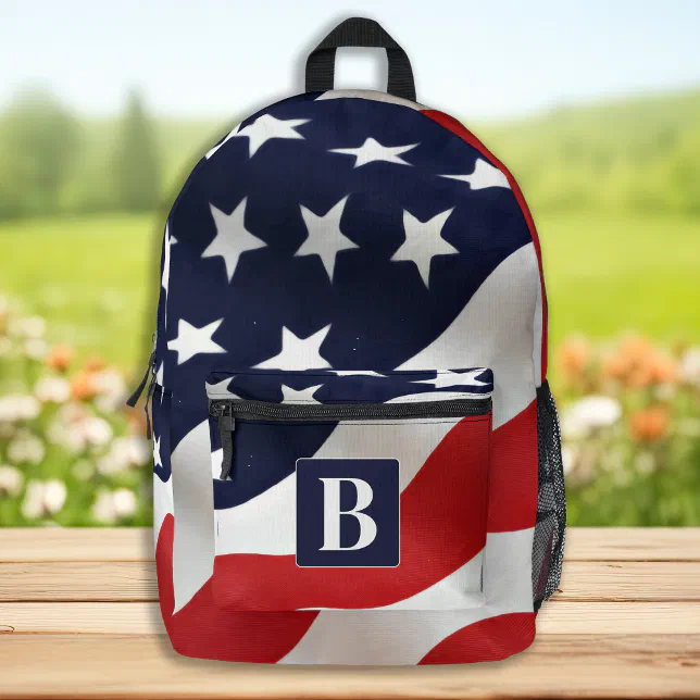 American Flag USA Personalized Monogram Initial Printed Backpack | Zazzle