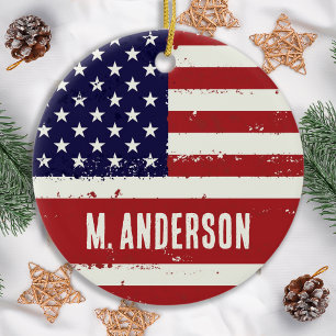 American Flag USA Personalized Patriotic Ceramic Ornament
