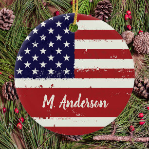 American Flag USA Personalized Patriotic Ceramic Ornament