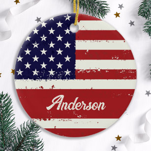American Flag USA Personalized Patriotic Ceramic Ornament