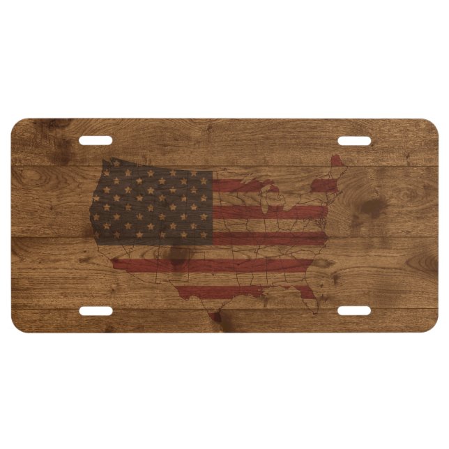 American Flag USA Shape Over Rustic Wood Patriotic License Plate (Front)