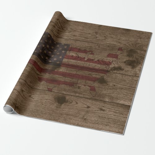 American Flag USA Shape Over Rustic Wood Patriotic Wrapping Paper