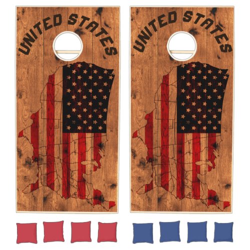 American Flag USA Shape Rustic Wood Cornhole Set