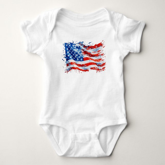 American Flag USA Watercolor 4th of July Baby Bodysuit (Front)