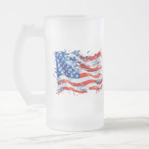 American Flag USA Watercolor 4th of July Frosted Glass Beer Mug