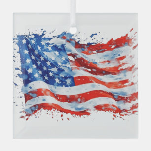 American Flag USA Watercolor 4th of July Glass Ornament