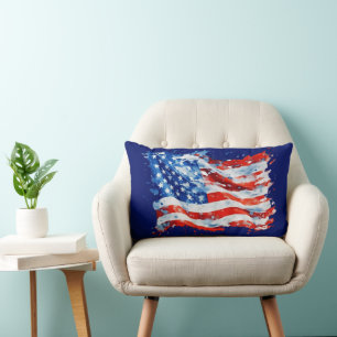 American Flag USA Watercolor 4th of July Lumbar Pillow