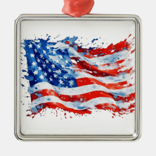 American Flag USA Watercolor 4th of July Metal Ornament