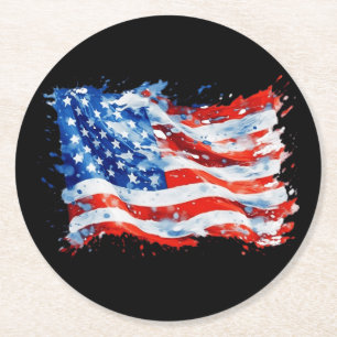 American Flag USA Watercolor 4th of July Round Paper Coaster