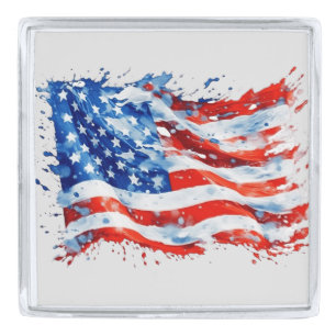 American Flag USA Watercolor 4th of July Silver Finish Lapel Pin