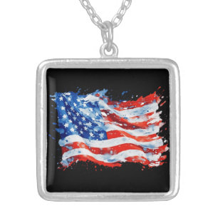American Flag USA Watercolor 4th of July Silver Plated Necklace