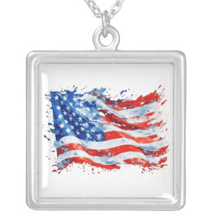 American Flag USA Watercolor 4th of July Silver Plated Necklace