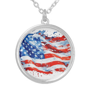 American Flag USA Watercolor 4th of July Silver Plated Necklace
