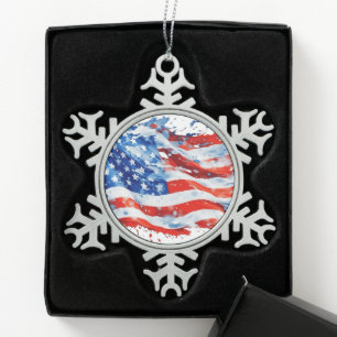 American Flag USA Watercolor 4th of July Snowflake Pewter Christmas Ornament