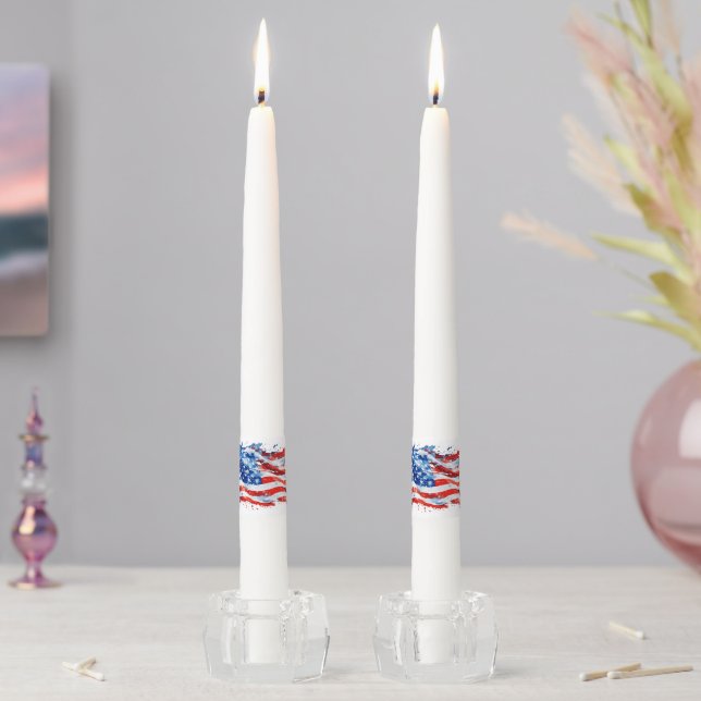American Flag USA Watercolor 4th of July Taper Candle (In Situ)