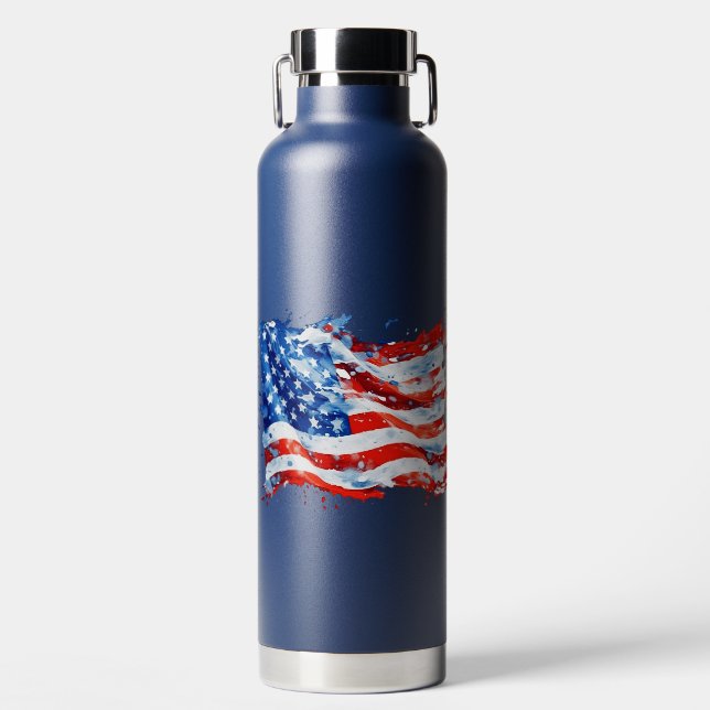 American Flag USA Watercolor 4th of July Water Bottle (Front)