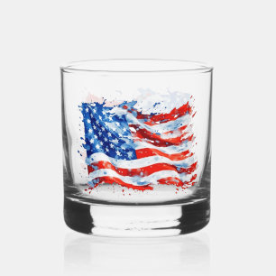 American Flag USA Watercolor 4th of July Whiskey Glass