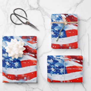 American Flag USA Watercolor 4th of July Wrapping Paper Sheets