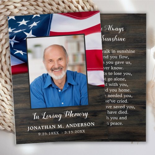 American Flag Veteran Memorial Funeral Prayer Card