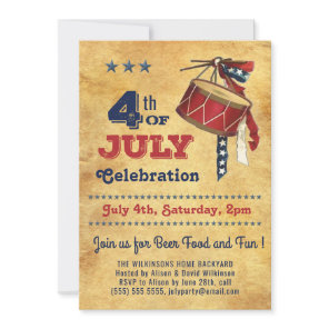 American Flag Vintage Drum 4th of JULY Celebration Invitation