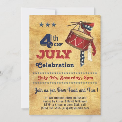 American Flag Vintage Drum 4th of JULY Celebration Invitation