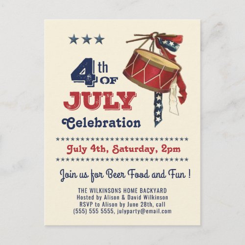 American Flag Vintage Drum 4th of JULY Celebration Invitation Postcard