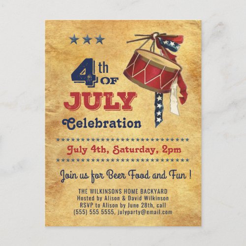 American Flag Vintage Drum 4th of JULY Celebration Invitation Postcard