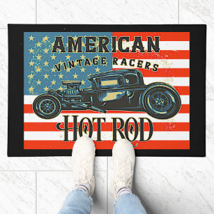 American Flag Vintage Racers Hot Rod Car  Front Doormat