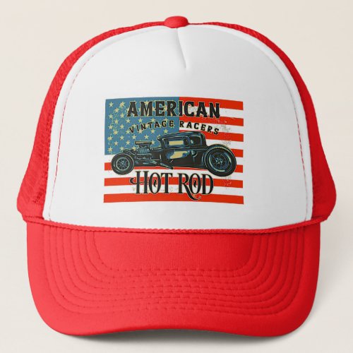 American Flag Vintage Racers Hot Rod Car Trucker Hat
