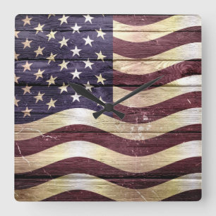 American Flag Vintage Wood Square Wall Clock
