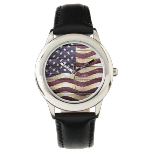 American Flag Vintage Wood Watch