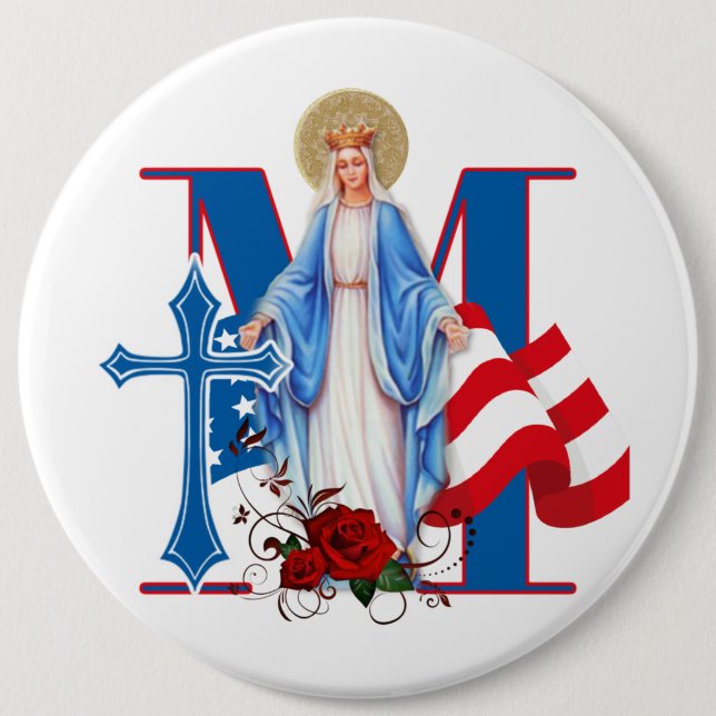 AMERICAN FLAG VIRGIN MARY RELIGIOUS ROSES BUTTON (Front)